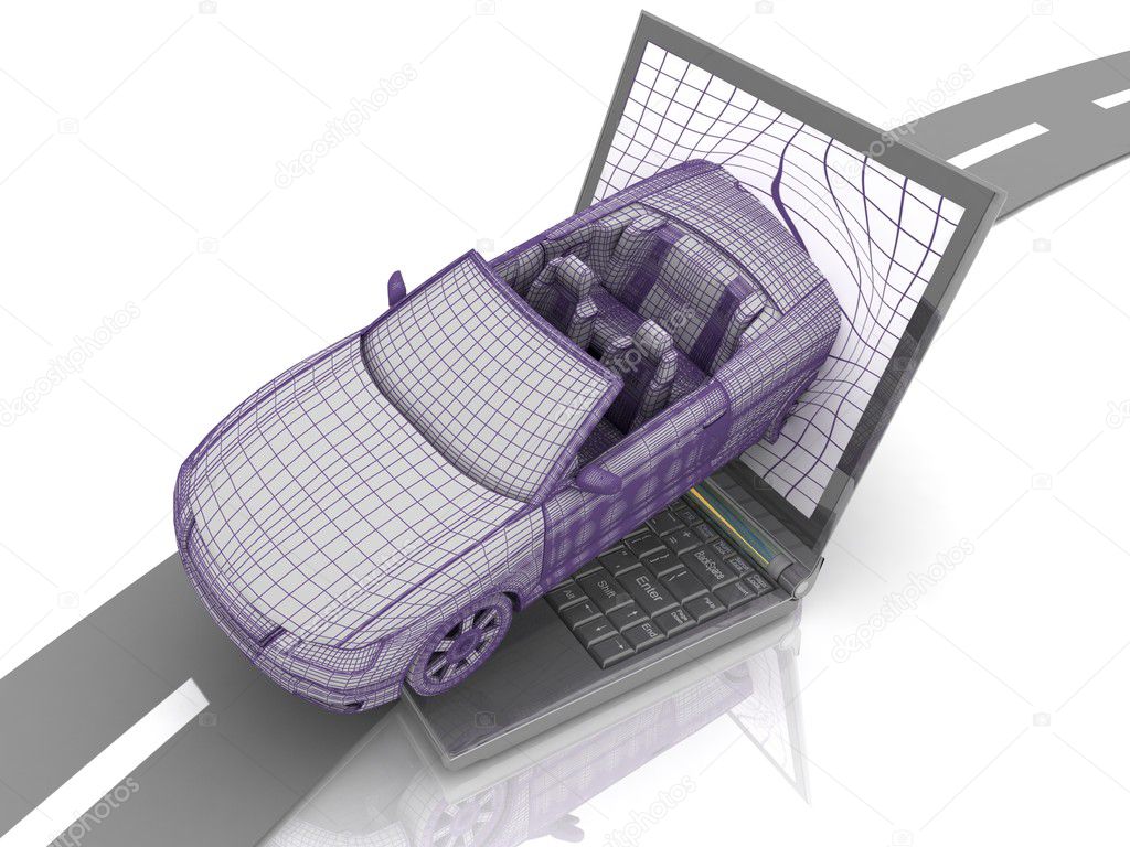 Auto, driving out from the screen of notebook