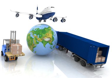 Airliner with a globe and autoloader with boxes clipart