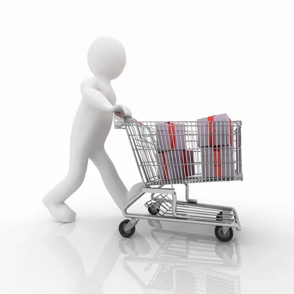 3d man rolls the shopping cart with gifts — Stock Photo, Image