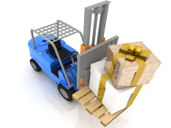 Forklift with gifts boxes — Stock Photo, Image
