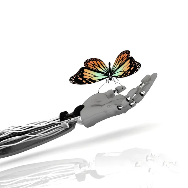 The butterfly on a hand of the robot — Stock Photo, Image