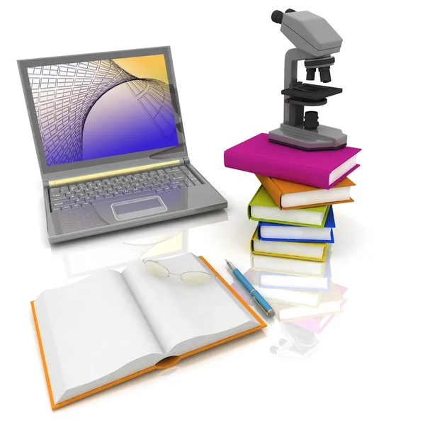 Laptop, microscope and books — Stock Photo, Image