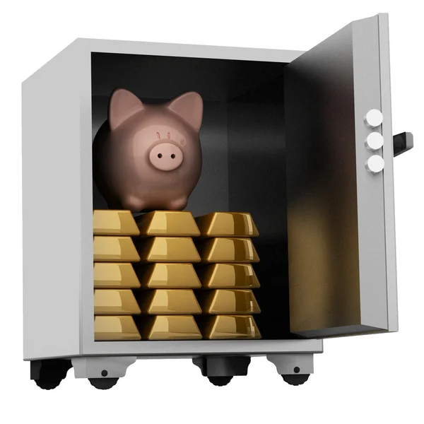 Bullions e porquinho banco em um cofre de segurança — Fotografia de Stock