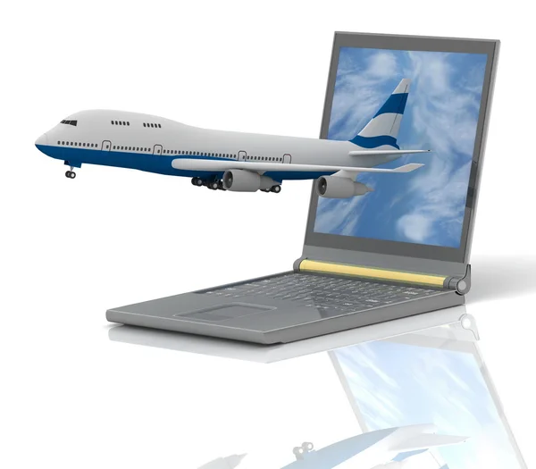 Het vliegtuig opstijgt uit de laptop monitor — Stockfoto