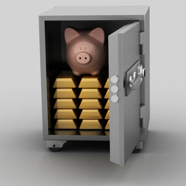 Bullions and piggy bank in a security safe — Stock Photo, Image