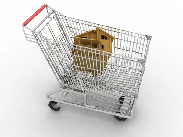 Lehký vozík supermarketu s modelem domu — Stock fotografie