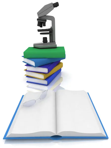 Books with a microscope and glasses — Stock Photo, Image