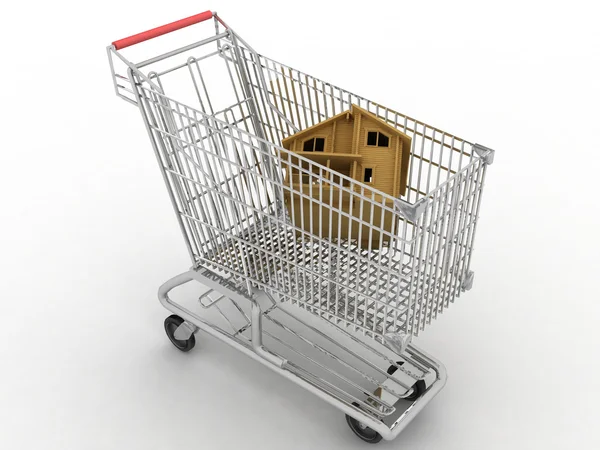 stock image Light cart of supermarket with the model of house