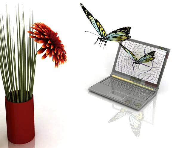Papillons décollent de l'ordinateur portable à la fleur — Photo