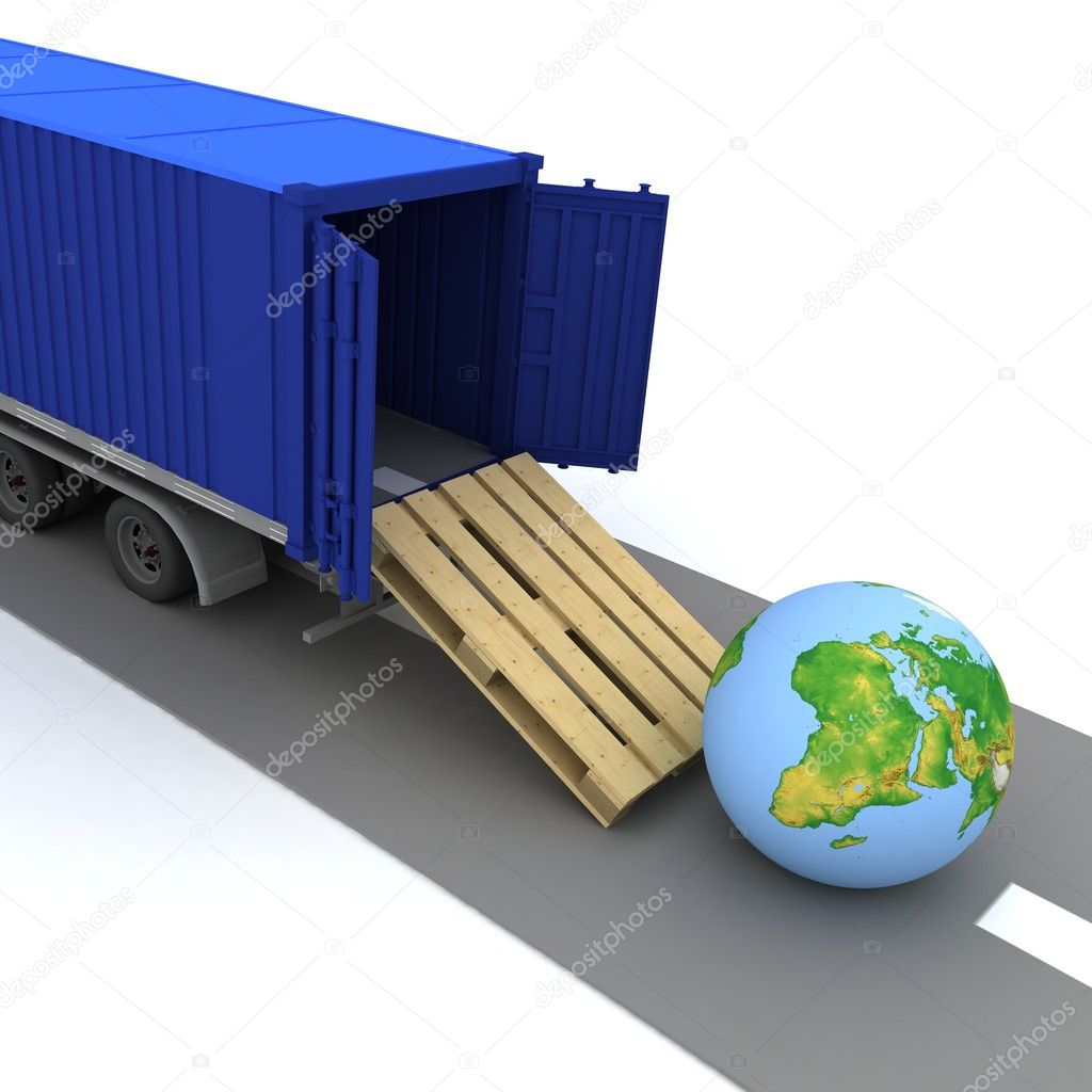 Container with open doors and a globe