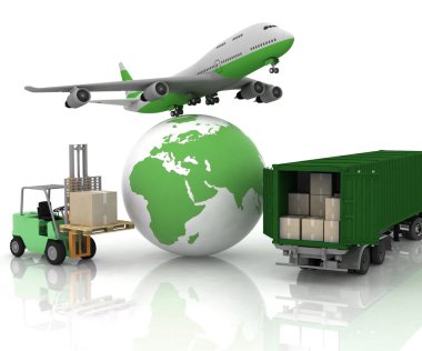 Airliner with a globe and autoloader with boxes clipart