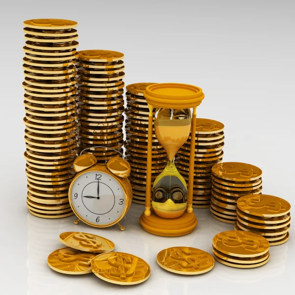 Reloj, reloj de arena y monedas — Foto de Stock