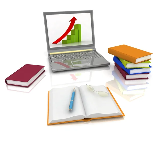 Laptop, libri e altri strumenti per il lavoro — Foto Stock