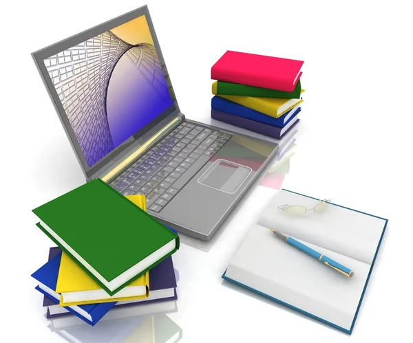 Laptop, boeken en andere hulpmiddelen voor werk — Stockfoto