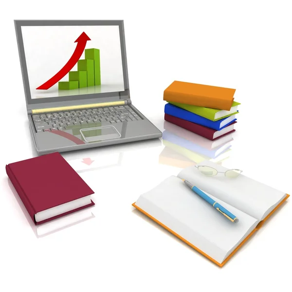 Laptop, livros e outras ferramentas para o trabalho — Fotografia de Stock