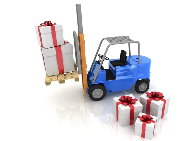 Forklift with gifts boxes — Zdjęcie stockowe