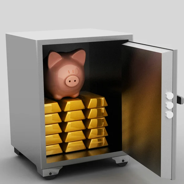 Bullions en piggy bank in een veilig beveiliging — Stockfoto
