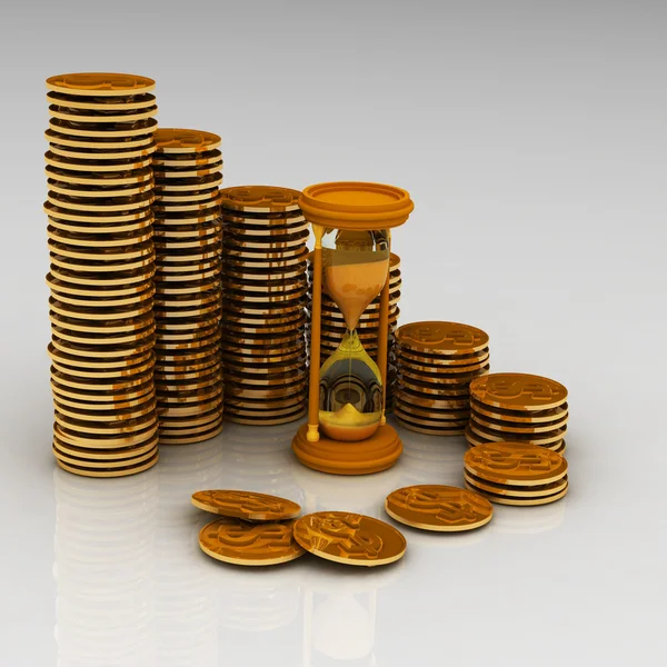 Hourglass and coins — Stock Photo, Image