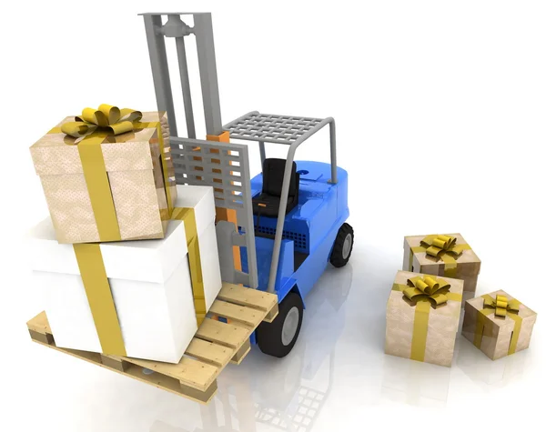 Vysokozdvižný vozík s dárky boxy — Stock fotografie