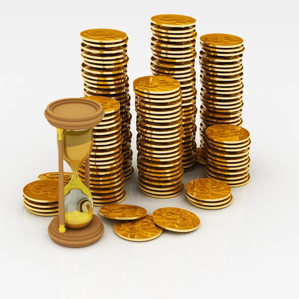Hourglass and coins — Stock Photo, Image