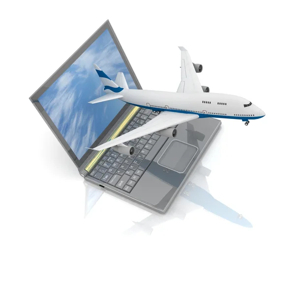 飞机起飞从便携式计算机的显示器 — 图库照片