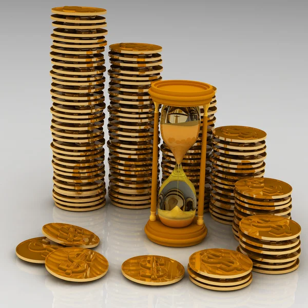 Reloj de arena y monedas — Foto de Stock
