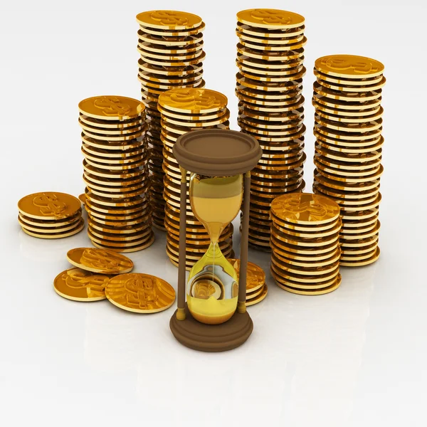 Reloj de arena y monedas — Foto de Stock