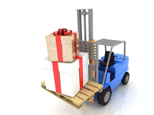 Gaffeltruck med gåvor lådor — Stockfoto