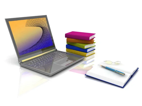 Laptop, boeken en andere hulpmiddelen voor werk — Stockfoto