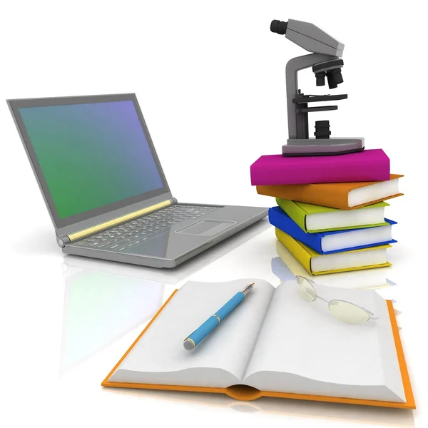 Laptop, Mikroszkóp és könyvek — Stock Fotó