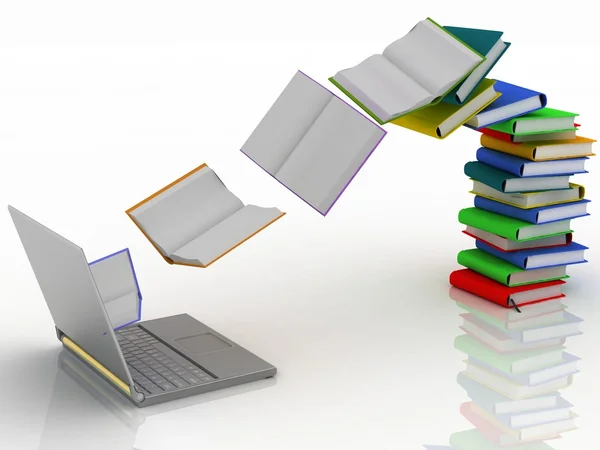 Książki latać do laptopa — Zdjęcie stockowe