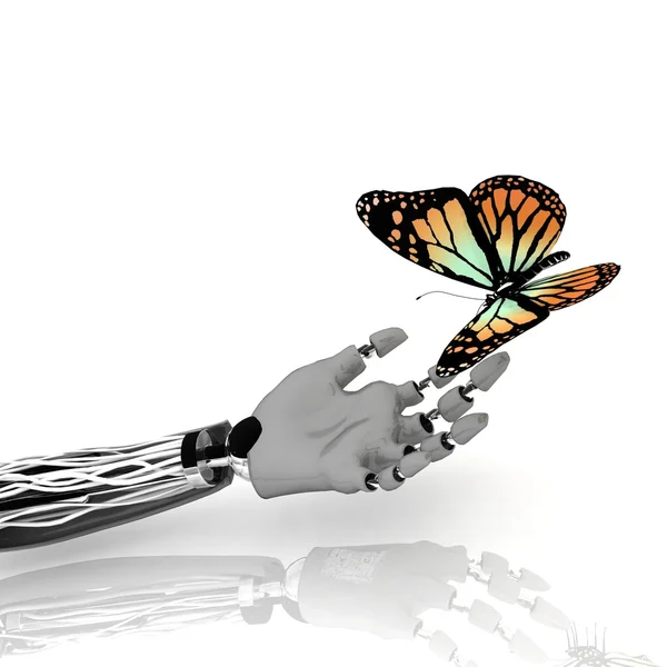 Motýl na ruku robota — Stock fotografie