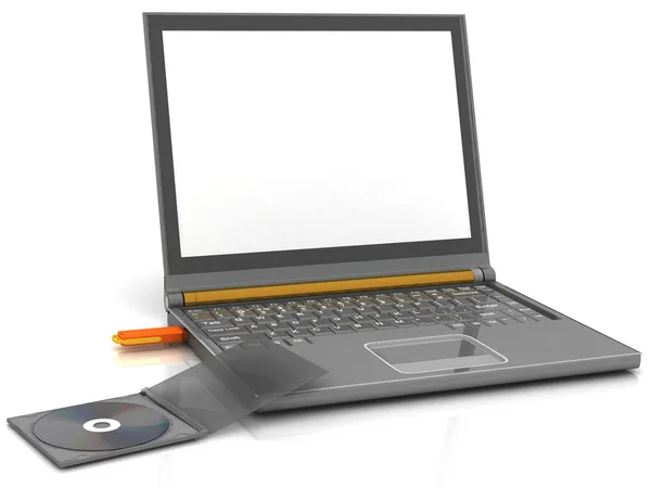 CD se encuentra junto a un portátil en el que la unidad flash insertada —  Fotos de Stock