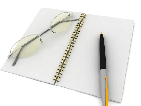 笔记本用的眼镜和钢笔 — 图库照片