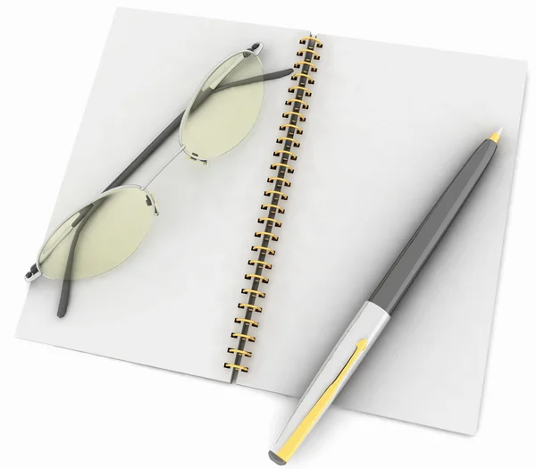 Notebook okulary i pióra — Zdjęcie stockowe