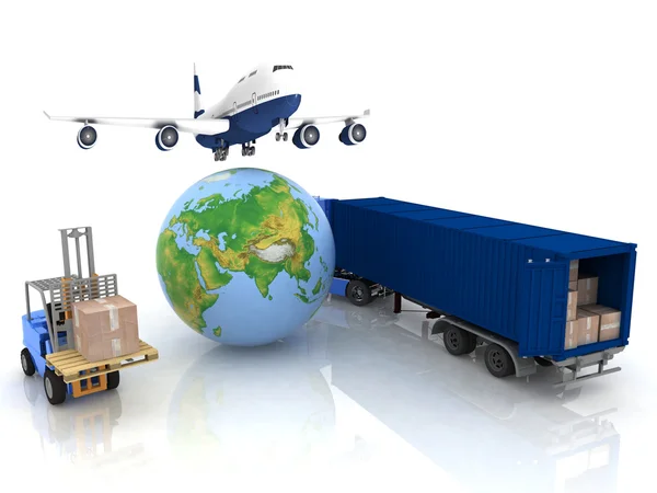 Airliner with a globe and autoloader with boxes — Stock Photo, Image