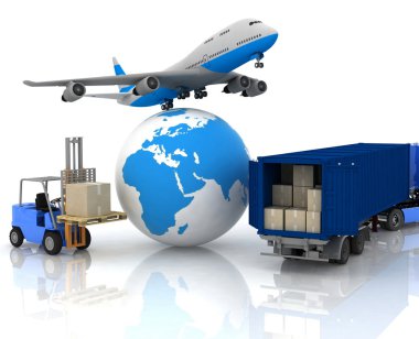 Airliner with a globe and autoloader with boxes clipart