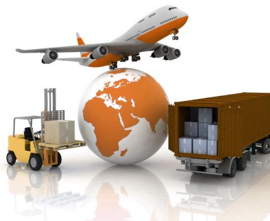 Airliner with a globe and autoloader with boxes clipart