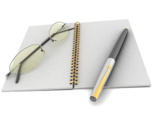 Notebook s brýlemi a pera — Stock fotografie