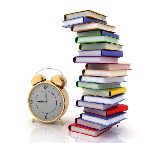 Alarm clock near stack of books — Stock Photo, Image