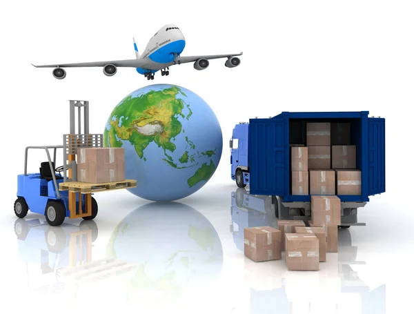 Airliner with a globe and auto loader with boxes — Stock Photo, Image