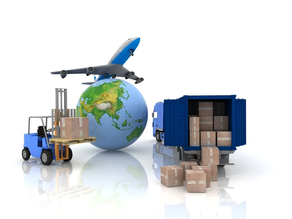 Airliner with a globe and auto loader with boxes — Stock Photo, Image