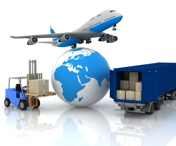 Airliner with a globe and autoloader with boxes — Stock Photo, Image