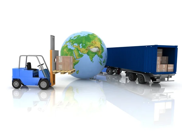 Globe and autoloader with boxes — Stock Photo, Image