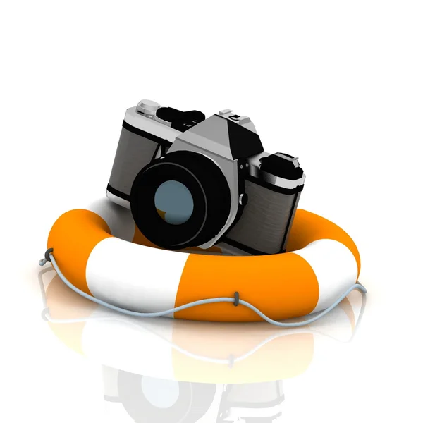 Fotokameraer på en redningslinje med refleksjon – stockfoto