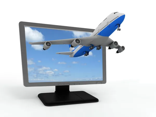 The plane takes off from the monitor — Stock Photo, Image
