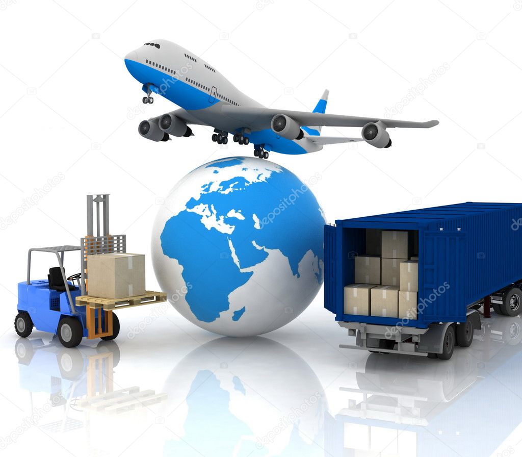 Airliner with a globe and autoloader with boxes