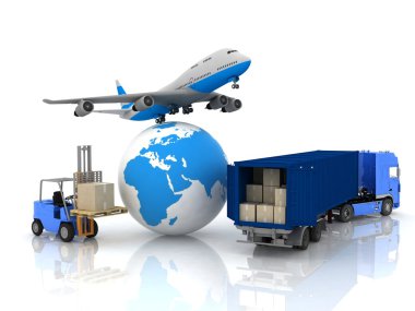 Airliner with a globe and autoloader with boxes clipart