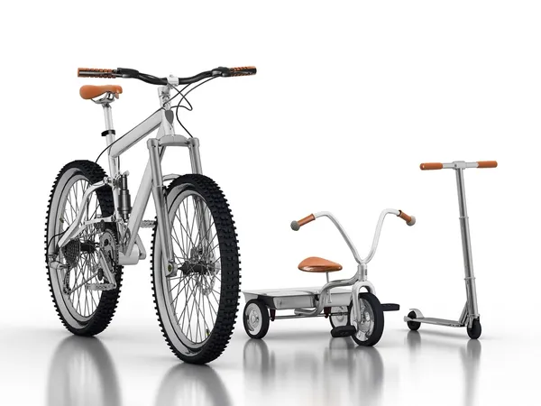 Bicicleta de corrida com uma bicicleta infantil e scooter — Fotografia de Stock