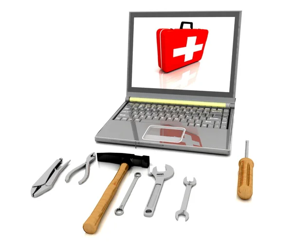 El monitor con el conjunto completo de herramientas para la reparación —  Fotos de Stock